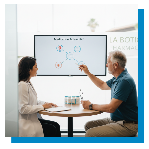 An older male patient points to a screen displaying a 'Medication Action Plan' during a one-on-one consultation with his female pharmacist