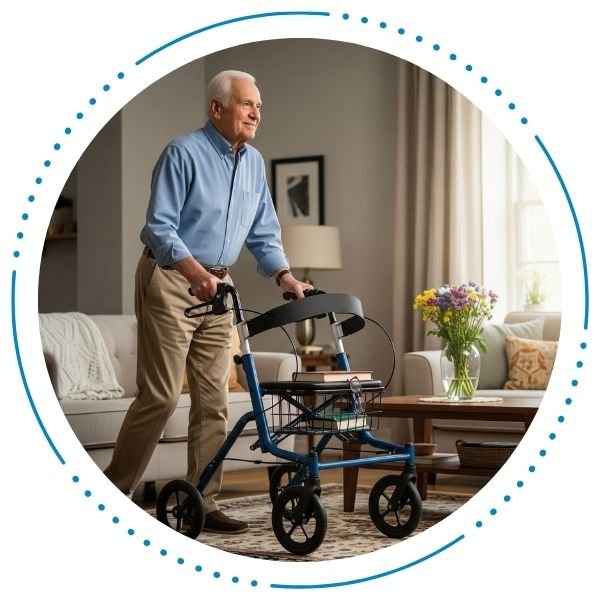 An elderly man with a warm smile is confidently using a modern, lightweight walker in a brightly lit, cozy living room.