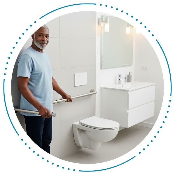 A man is safely using a grab bar mounted on the wall of a clean, modern bathroom with white tiles.