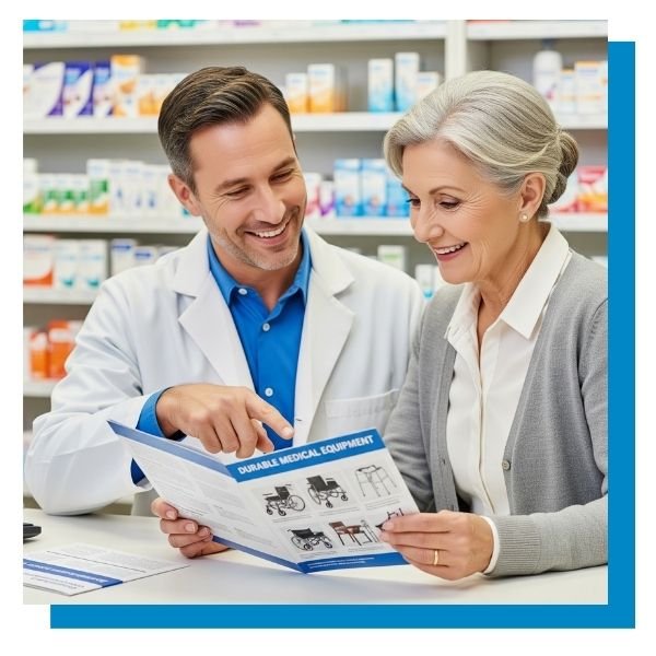 A friendly pharmacist is providing guidance to a female customer, pointing to information in a durable medical equipment brochure on the counter.