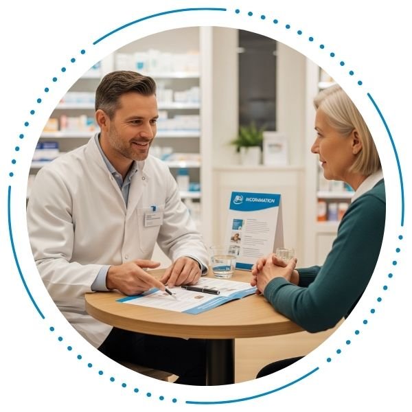 a pharmacist talking to a woman