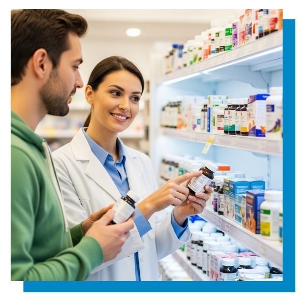 A pharmacist and a customer in a pharmacy aisle, with the pharmacist pointing to a specific over-the-counter wellness product.