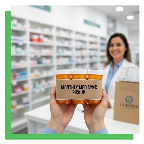 Close-up of hands holding a bundled group of prescription bottles labeled "Monthly Med Sync Pickup" at a pharmacy counter with a smiling pharmacist in the background.