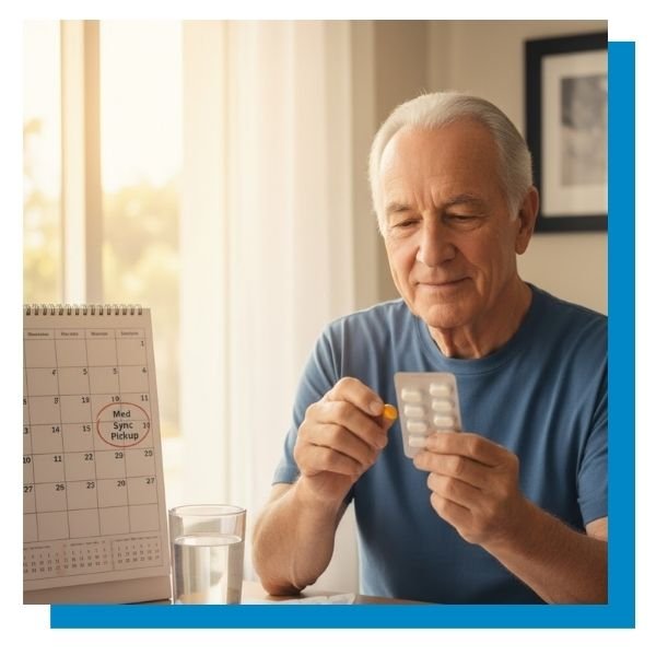 A senior man carefully takes a pill from a blister pack, with a calendar marked "Med Sync Pickup" and other medications visible on the table, emphasizing medication adherence.