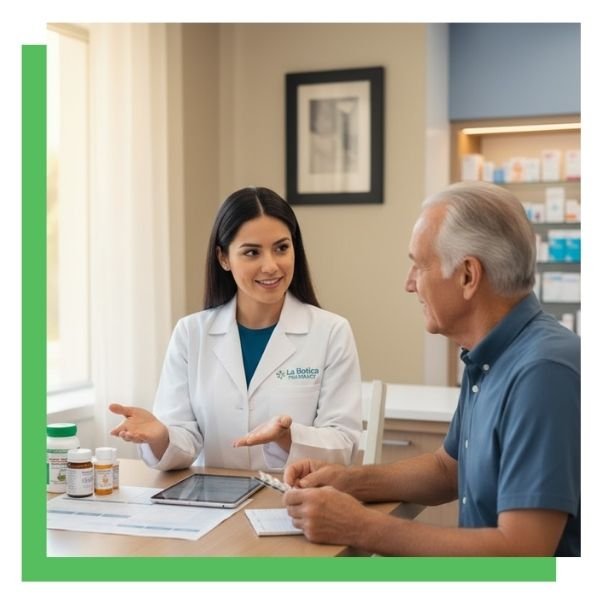 A friendly female pharmacist in a white lab coat engages in a personalized consultation with a senior male patient at a table, with various medication bottles and a tablet nearby.