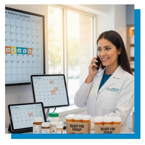 A smiling female pharmacist is on the phone at a pharmacy counter, with "Ready for Pickup" medication bundles, digital calendars showing synchronized dates, and prescription bottles.
