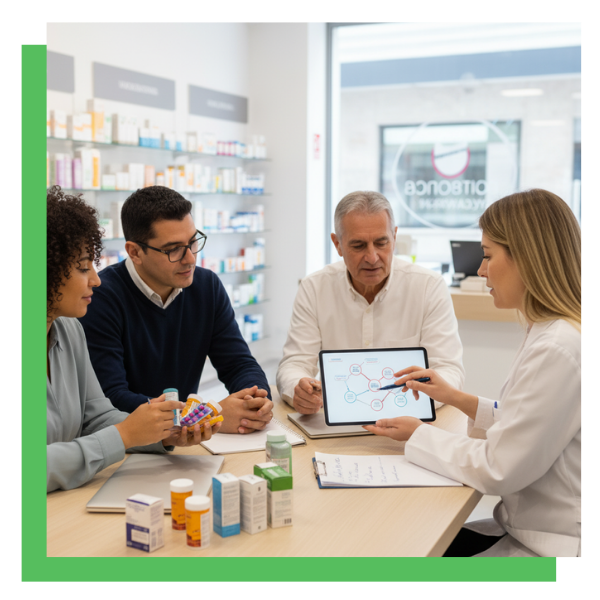 A female pharmacist explains a medication therapy management plan on a tablet to a diverse group of three patients