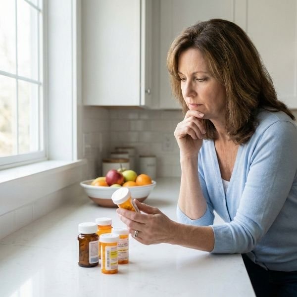 An individual assesses their current medication needs at home.