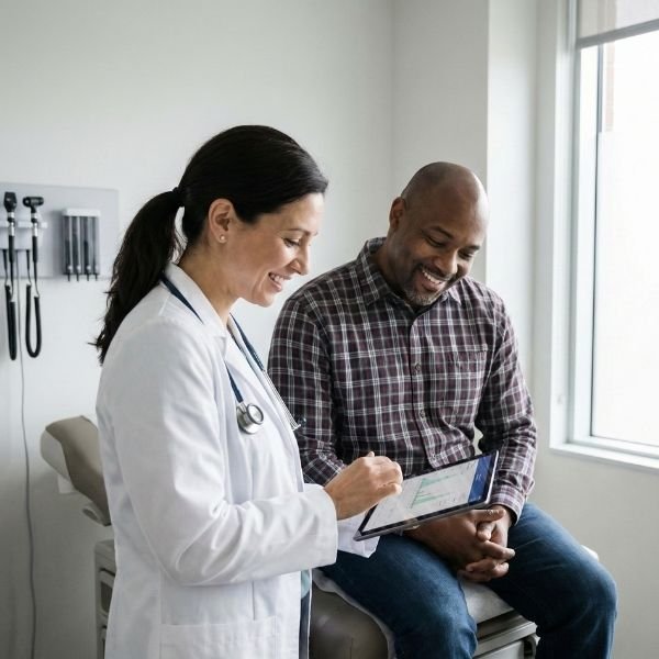 A physician shares medical information with a patient on a digital tablet.