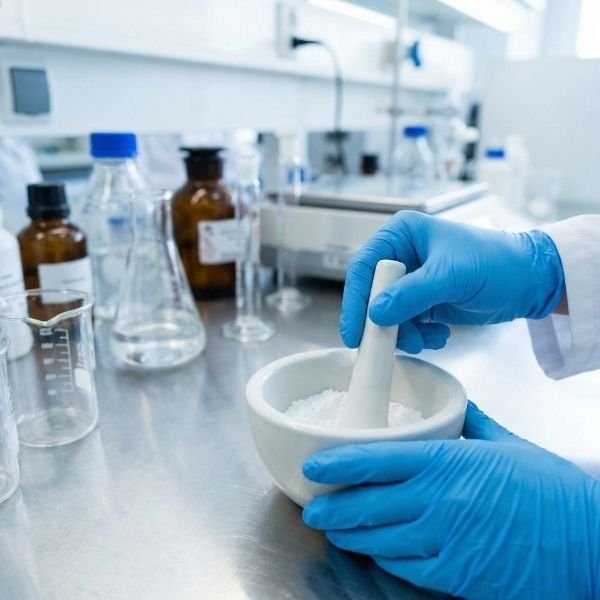 Gloved hands prepare customized medication using a traditional mortar and pestle.