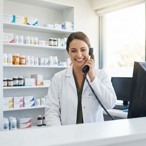 A friendly pharmacist communicates with a healthcare provider over the phone.