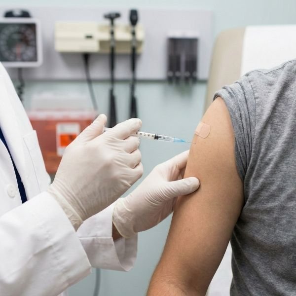A medical professional in a white coat administers a flu shot to a patient's arm.