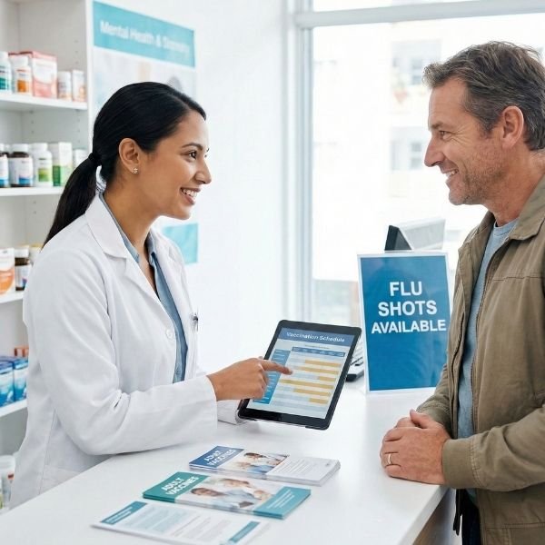 A pharmacist discusses vaccine booster information with a patient at the counter.