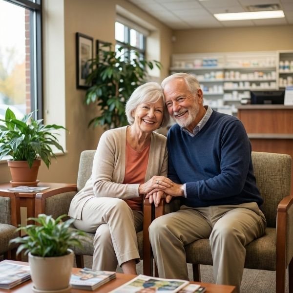 A smiling senior couple sits side-by-side in a comfortable pharmacy waiting area.